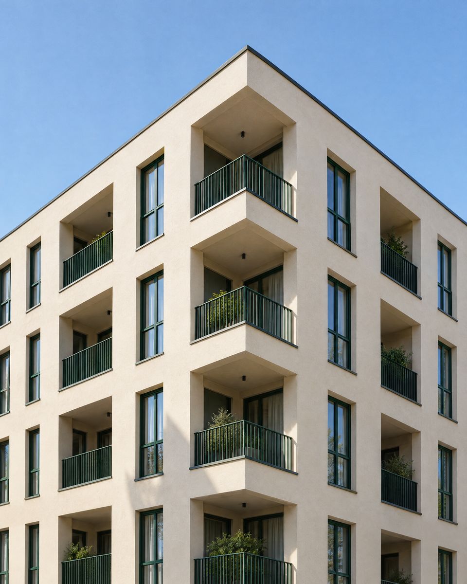 Moderne Wohnfassade mit tiefen Loggien und dunkelgrünen Geländern im Tageslicht