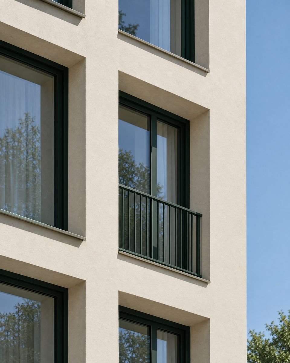 Fassadendetail mit tiefen Fensterlaibungen und dunkelgrünem Geländer im Streiflicht
